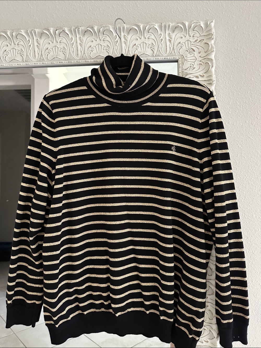 Lauren Ralph Lauren Black and Gold Metallic Striped Turtleneck Sweater